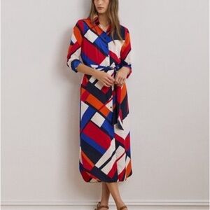 Ralph Lauren Colorblock Geometric Midi Shirt Dress in Red, Blue & White